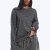 Long-Sleeved Boxy Cotton T-Shirt – Striped Dark Grey Long-Sleeved Boxy Cotton T-Shirt – Striped Dark Grey
