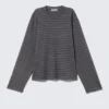 Long-Sleeved Boxy Cotton T-Shirt – Striped Dark Grey Long-Sleeved Boxy Cotton T-Shirt – Striped Dark Grey