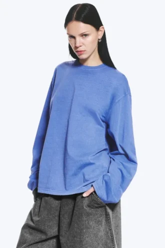 Long-Sleeved Boxy Cotton T-Shirt – Washed Blue
