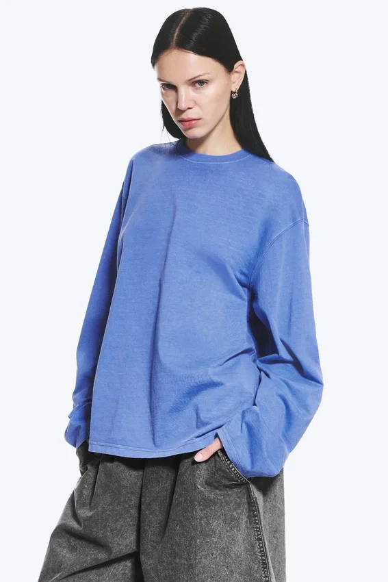 Long-Sleeved Boxy Cotton T-Shirt – Washed Blue Long-Sleeved Boxy Cotton T-Shirt – Washed Blue