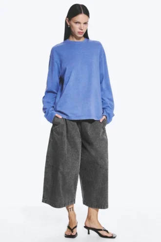 Long-Sleeved Boxy Cotton T-Shirt – Washed Blue
