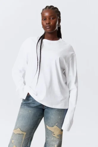 Long-Sleeved Boxy Cotton T-Shirt – White