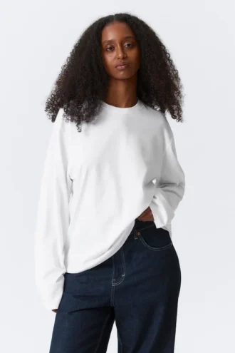 Long-Sleeved Boxy Cotton T-Shirt – White