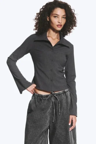 Long-Sleeved Buttoned Shirt – Dark Grey Melange Long-Sleeved Buttoned Shirt – Dark Grey Melange