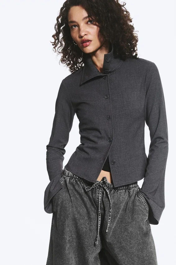 Long-Sleeved Buttoned Shirt – Dark Grey Melange Long-Sleeved Buttoned Shirt – Dark Grey Melange
