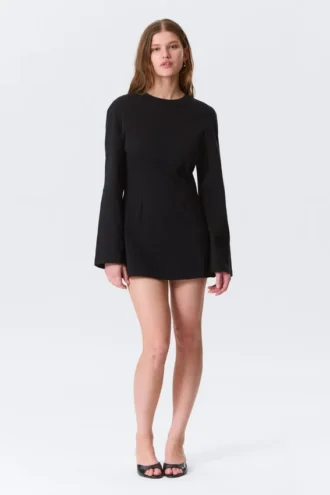 Long-Sleeved Cotton Mini Dress – Black