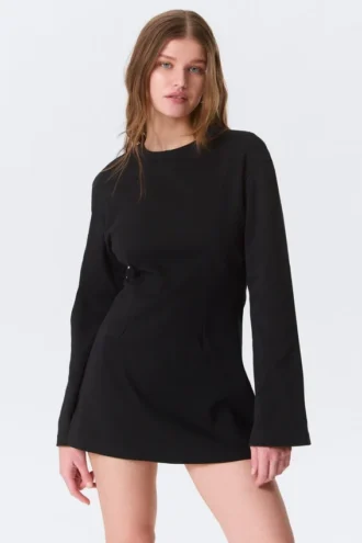 Long-Sleeved Cotton Mini Dress – Black
