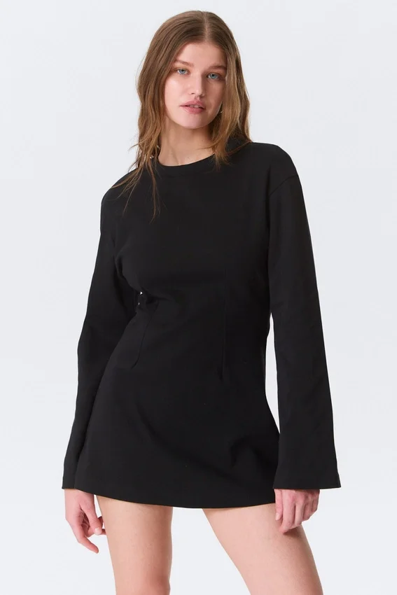Long-Sleeved Cotton Mini Dress – Black Long-Sleeved Cotton Mini Dress – Black