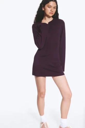 Long-Sleeved Cotton Mini Dress – Dark Plum