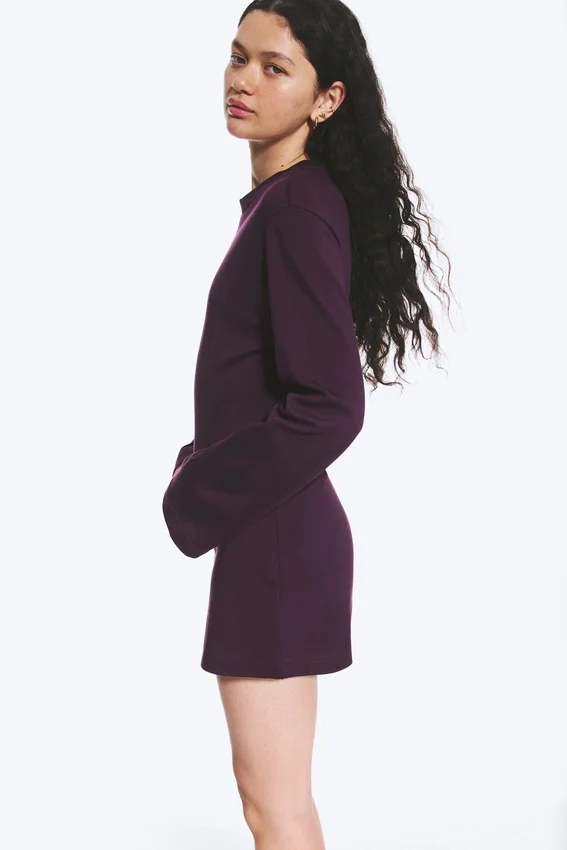 Long-Sleeved Cotton Mini Dress – Dark Plum Long-Sleeved Cotton Mini Dress – Dark Plum