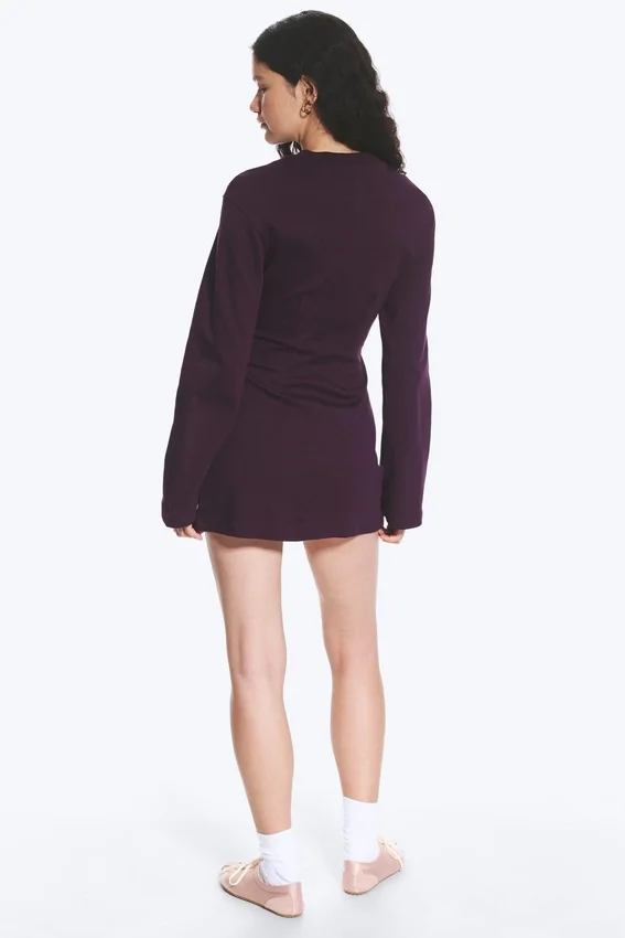 Long-Sleeved Cotton Mini Dress – Dark Plum Long-Sleeved Cotton Mini Dress – Dark Plum