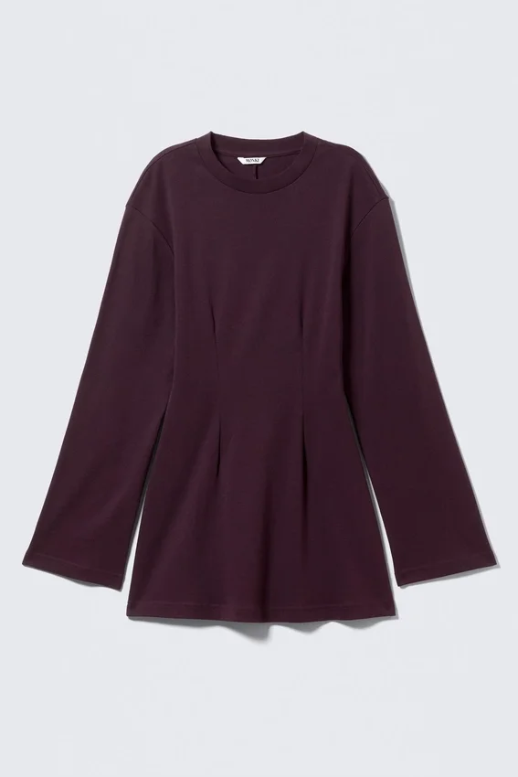 Long-Sleeved Cotton Mini Dress – Dark Plum Long-Sleeved Cotton Mini Dress – Dark Plum