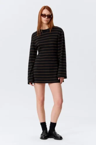 Long-Sleeved Cotton Mini Dress – Striped Black Long-Sleeved Cotton Mini Dress – Striped Black