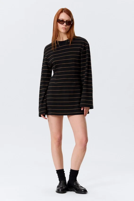 Long-Sleeved Cotton Mini Dress – Striped Black Long-Sleeved Cotton Mini Dress – Striped Black