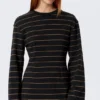 Long-Sleeved Cotton Mini Dress – Striped Black Long-Sleeved Cotton Mini Dress – Striped Black