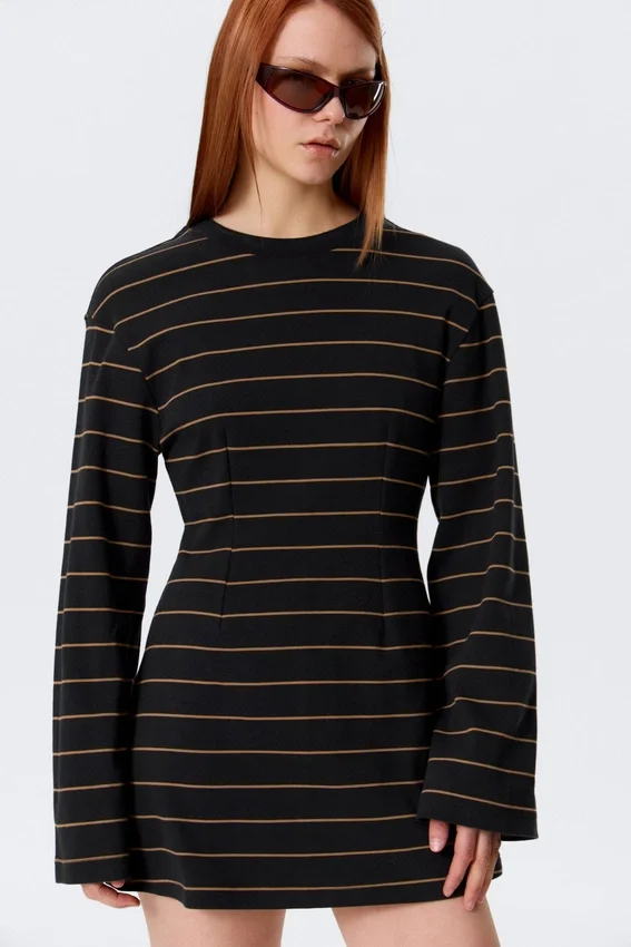 Long-Sleeved Cotton Mini Dress – Striped Black Long-Sleeved Cotton Mini Dress – Striped Black