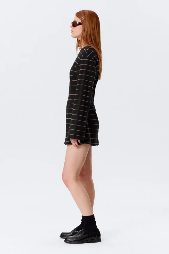 Long-Sleeved Cotton Mini Dress – Striped Black Long-Sleeved Cotton Mini Dress – Striped Black