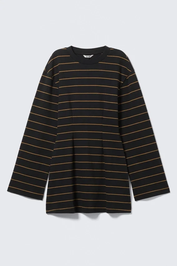 Long-Sleeved Cotton Mini Dress – Striped Black Long-Sleeved Cotton Mini Dress – Striped Black