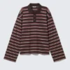 Long-Sleeved Cotton Polo Top – Dark Plum – Pink Stripes