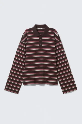 Long-Sleeved Cotton Polo Top – Dark Plum – Pink Stripes