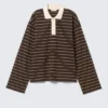 Long-Sleeved Cotton Polo Top – Striped Dark Brown