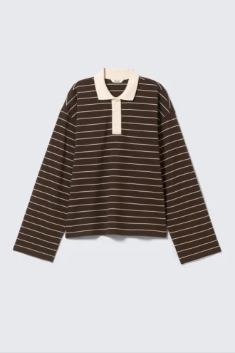 Long-Sleeved Cotton Polo Top – Striped Dark Brown
