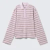 Long-Sleeved Cotton Polo Top – Striped Dusty Lilac