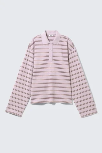 Long-Sleeved Cotton Polo Top – Striped Dusty Lilac