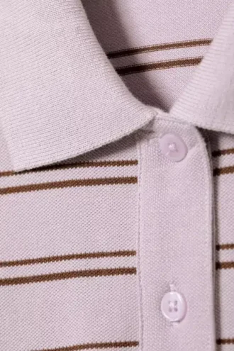 Long-Sleeved Cotton Polo Top – Striped Dusty Lilac