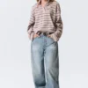 Long-Sleeved Cotton Polo Top – Striped Light Pink