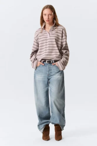 Long-Sleeved Cotton Polo Top – Striped Light Pink