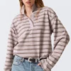 Long-Sleeved Cotton Polo Top – Striped Light Pink