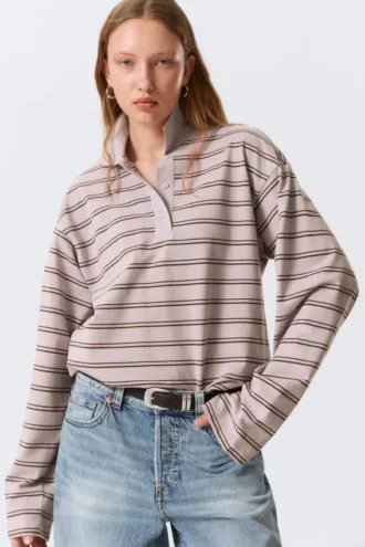 Long-Sleeved Cotton Polo Top – Striped Light Pink