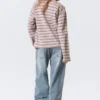 Long-Sleeved Cotton Polo Top – Striped Light Pink