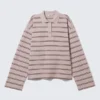 Long-Sleeved Cotton Polo Top – Striped Light Pink