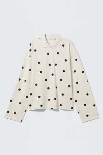 Long-Sleeved Cotton Polo Top – White – Black Dots