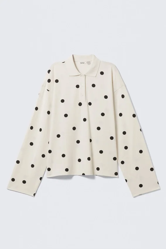 Long-Sleeved Cotton Polo Top – White – Black Dots Long-Sleeved Cotton Polo Top – White – Black Dots
