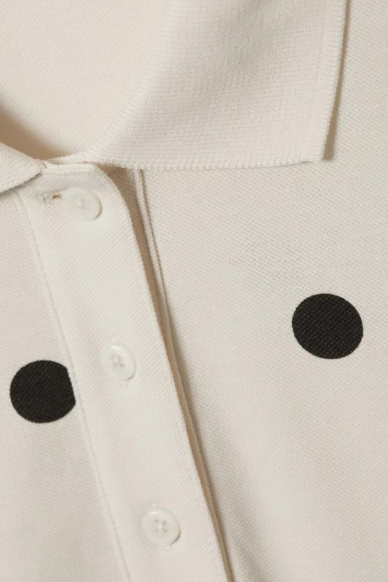 Long-Sleeved Cotton Polo Top – White – Black Dots Long-Sleeved Cotton Polo Top – White – Black Dots