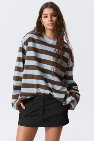 Long-Sleeved Cotton T-Shirt – Blue/Brown Stripe