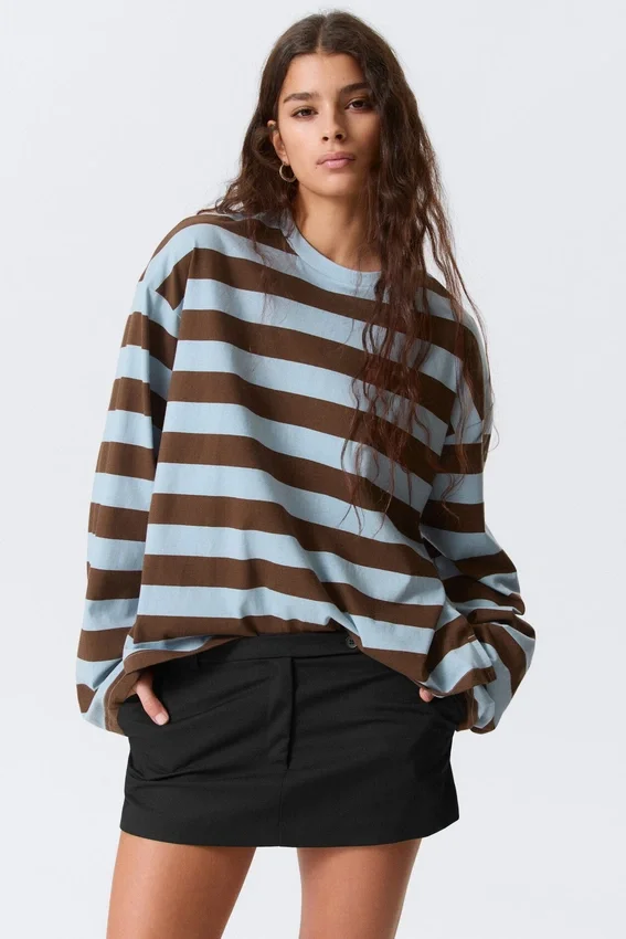 Long-Sleeved Cotton T-Shirt – Blue/Brown Stripe Long-Sleeved Cotton T-Shirt – Blue/Brown Stripe