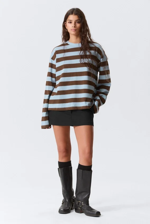 Long-Sleeved Cotton T-Shirt – Blue/Brown Stripe Long-Sleeved Cotton T-Shirt – Blue/Brown Stripe