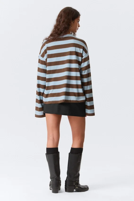 Long-Sleeved Cotton T-Shirt – Blue/Brown Stripe Long-Sleeved Cotton T-Shirt – Blue/Brown Stripe