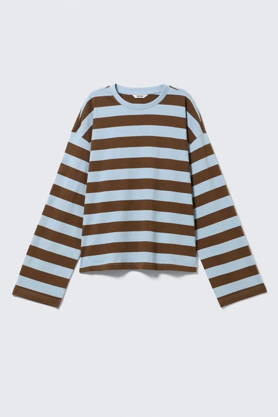 Long-Sleeved Cotton T-Shirt – Blue/Brown Stripe Long-Sleeved Cotton T-Shirt – Blue/Brown Stripe