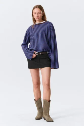 Long-Sleeved Cotton T-Shirt – Blue & Burgundy Stripes