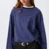 Long-Sleeved Cotton T-Shirt – Blue & Burgundy Stripes