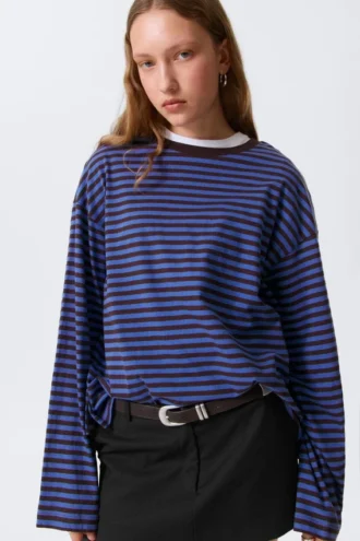 Long-Sleeved Cotton T-Shirt – Blue & Burgundy Stripes