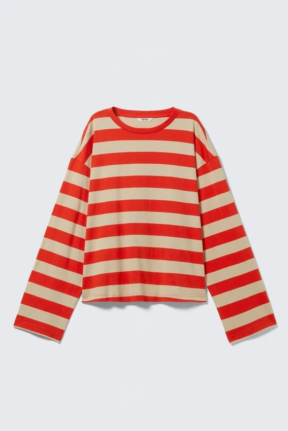Long-Sleeved Cotton T-Shirt – Bright Red & Beige Stripes Long-Sleeved Cotton T-Shirt – Bright Red & Beige Stripes