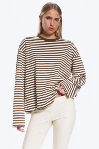 Long-Sleeved Cotton T-Shirt – Brown & White Stripes