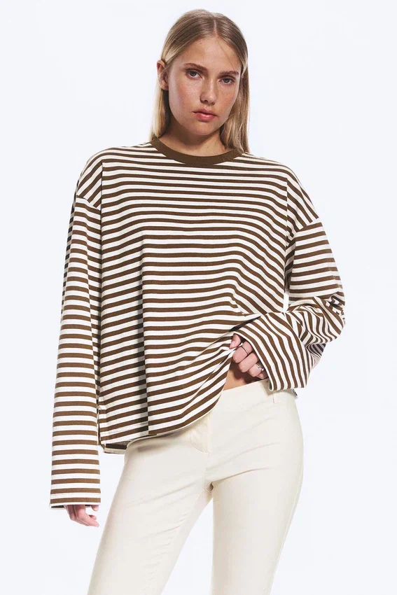 Long-Sleeved Cotton T-Shirt – Brown & White Stripes Long-Sleeved Cotton T-Shirt – Brown & White Stripes