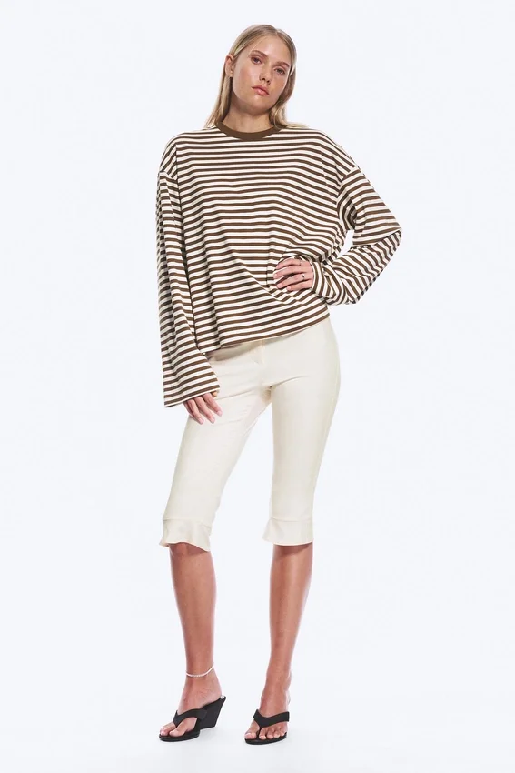Long-Sleeved Cotton T-Shirt – Brown & White Stripes Long-Sleeved Cotton T-Shirt – Brown & White Stripes
